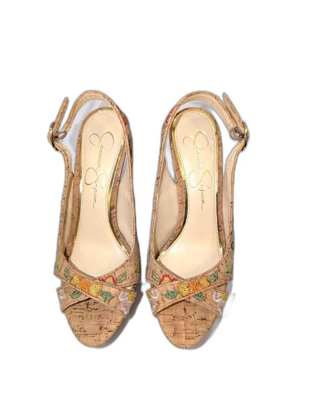 Jessica Simpson | Willey Slingback Embroidered Cork Heels Pumps | Size 6.5